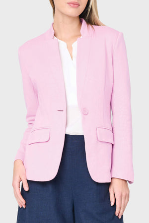Woman modeling Notch Collar Blazer in pirouette pink styled for work to weekend