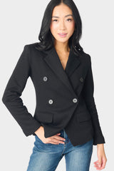Front of Woman wearing Double Breasted Blazer in Black
