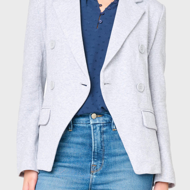 Woman modeling Double Breasted Blazer in Heather Grey styled for work and everyday wear
