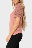 Side of women wearing the Cinched Lace Sleeve Knit Top