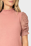Close-up of women wearing the Cinched Lace Sleeve Knit Top