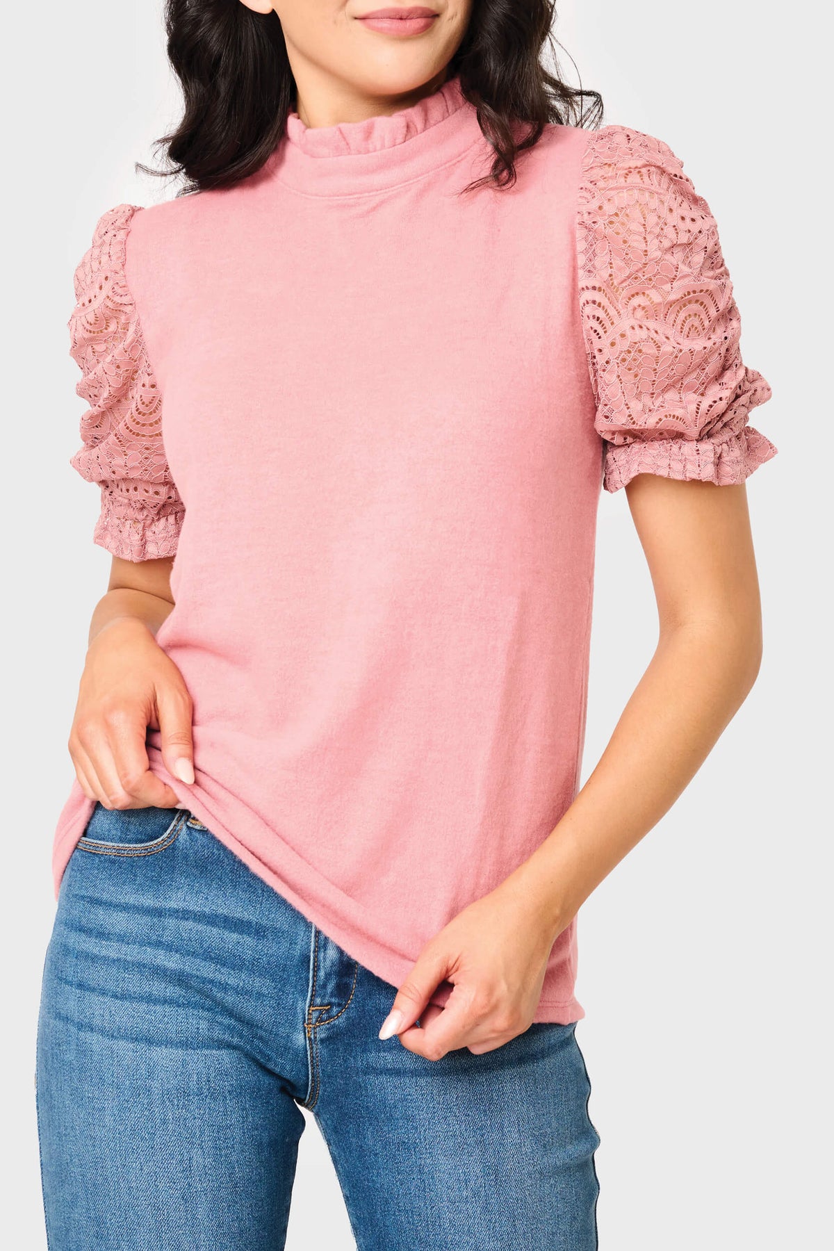 Cinched Lace Sleeve Knit Top