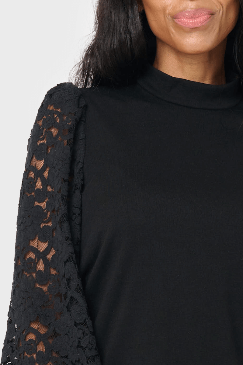 Long Sleeve Lace High Neck Knit Mix Top - Black / S