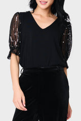 Sequin Puff Sleeve V-Neck Top