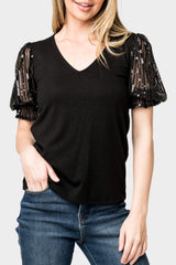 Sequin Puff Sleeve V-Neck Top