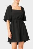 Front of women wearing the Balloon Sleeved Square Neck Crepe Dress in black