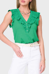 Woman modeling Ruffles For Days Mixed Media Henley Knit Top in green styled for everyday and vacation