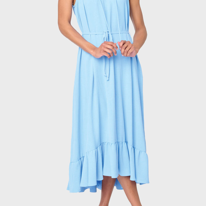 Woman modeling Sienna Sleeveless Tie Neck Midi Dress in sky blue styled for work and weekends