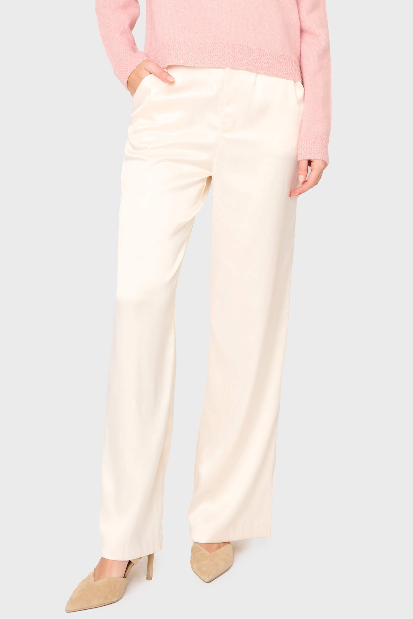 Woman modeling Stovepipe Satin Trouser in Ivory Champagne, styled business casual for holiday parties