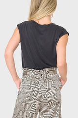 Back of Woman modeling The Favorite Luxe Essentials V-Neck Tee in Black styled for business casual layering