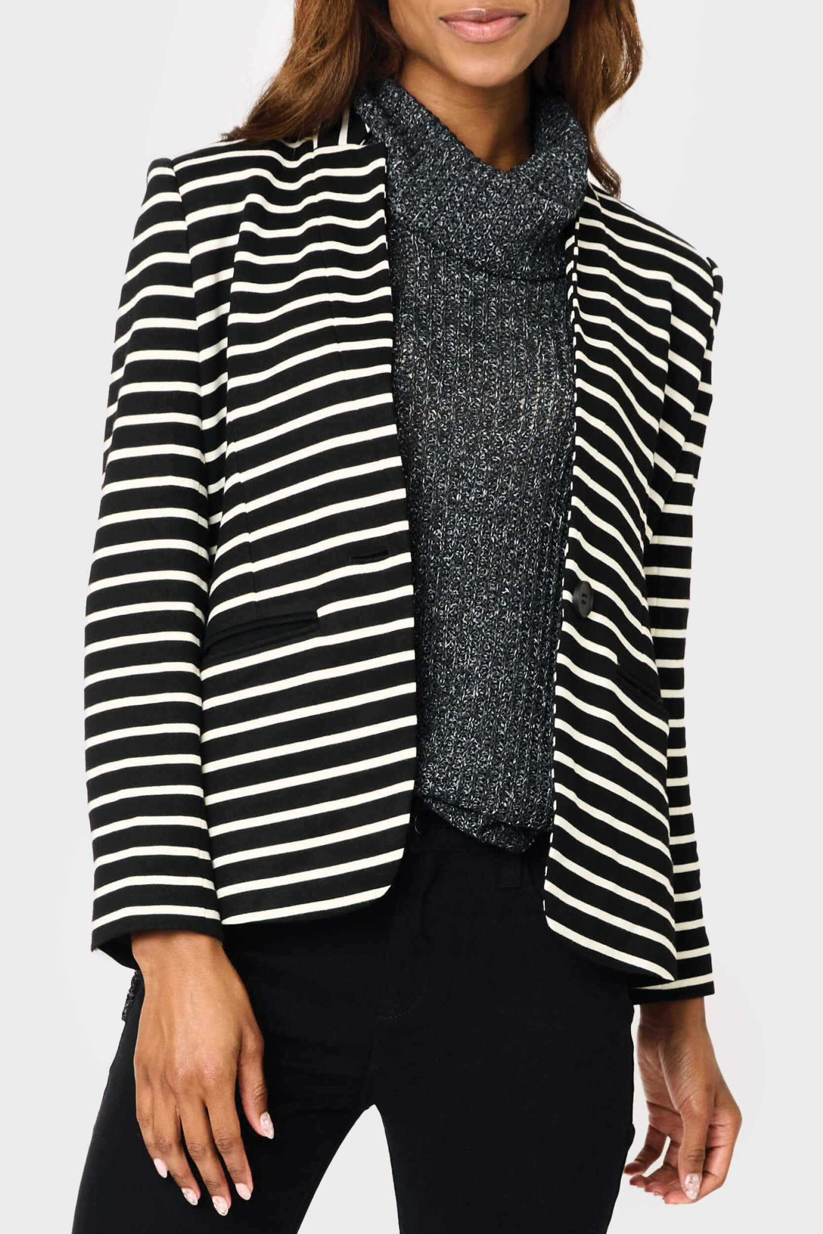 Woman Notch Collar Blazer black Ivory Stripe GT10564W