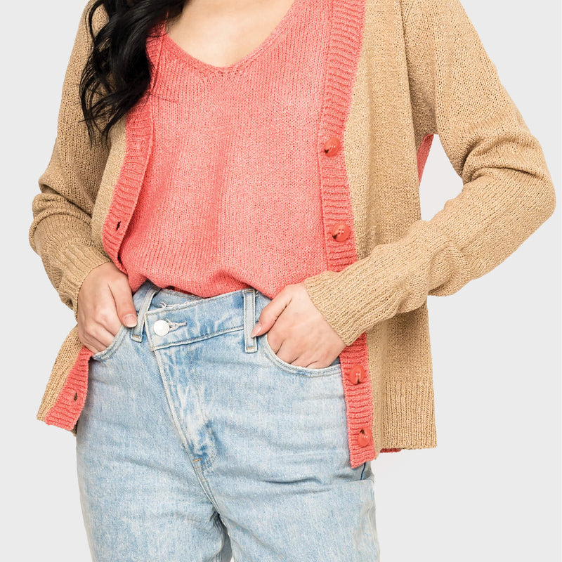 Button Front Colorblock Cardigan