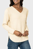 Front of women wearing the V-Neck Ribbed Relaxed Sweater in London Fog 