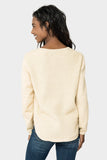 Back of Woman wearing V-Neck Ribbed Relaxed Sweater in London Fog