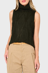 Woman wearing Turtleneck Cable Stitch Sweater Vest in Olive Green styled for office
