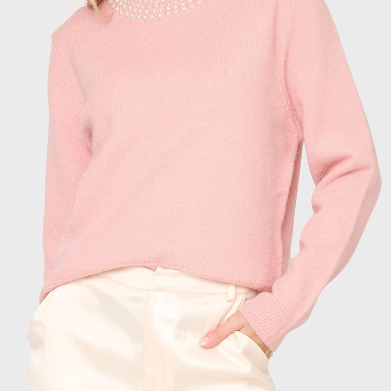 Soiree Sweater With Pearl Embellished Collar in light pink styled for holiday parties and events