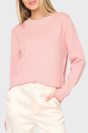 Soiree Sweater With Pearl Embellished Collar in light pink styled for holiday parties and events