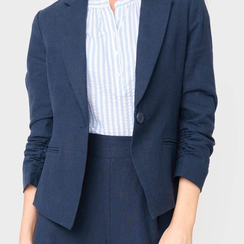 Notch Collar Linen Blazer with Rouched Sleeve