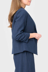 Notch Collar Linen Blazer with Rouched Sleeve