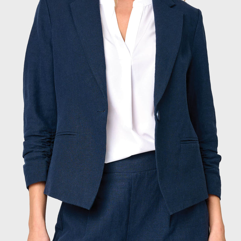 Notch Collar Linen Blazer with Rouched Sleeve