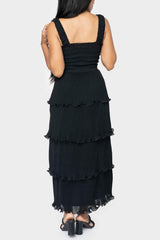 Back of women wearing the Reset By Jane Ruffle Tier Midi Dress in black
