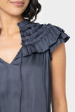 Close-up of women wearing the Reset By Jane Ruffled Yoke Crinkle Blouse in navy