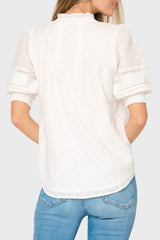 Back of Woman modeling Dianthus Henley Puff Sleeve Pleated Blouse in White styled business casual