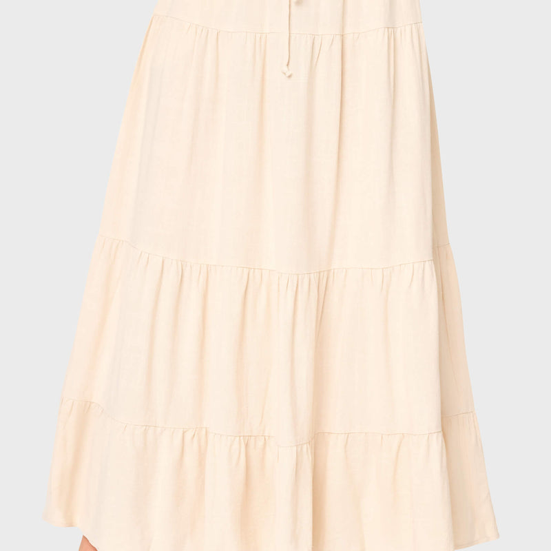Model wearing Tiered Ultra Maxi Skirt in Natural styled for vacations and everyday