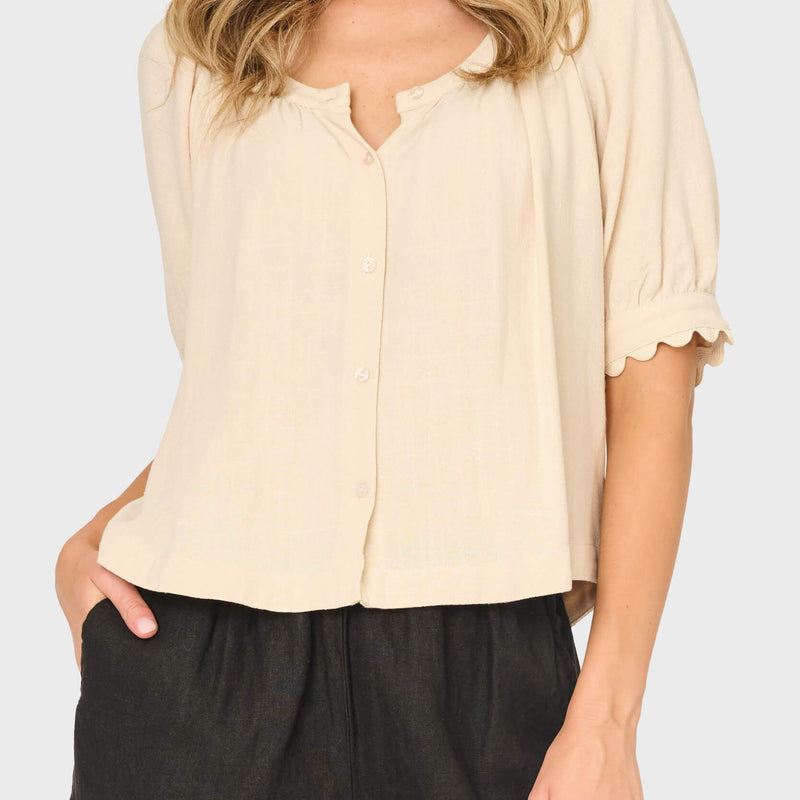 Lily Scallop Puff Sleeve Linen Top