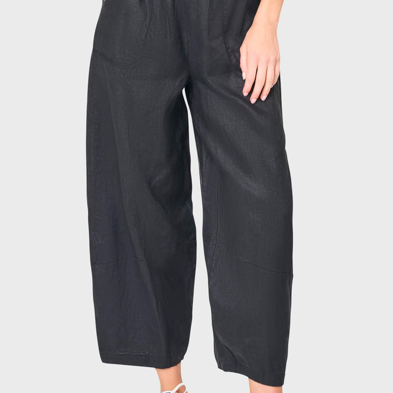 Woman modeling Linen Barrel Cropped Pant in Black styled for everyday wear