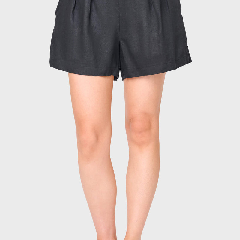 Black linen Easy Everyday Linen Short by Gibsonlook, high-waisted pleated mid-thigh shorts