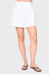 White linen Easy Everyday Linen Short by Gibsonlook, high-waisted pleated mid-thigh shorts