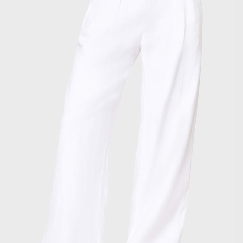 Woman modeling White wide-leg Easy Everyday Linen Pant by Gibsonlook, high-waisted with pleated front