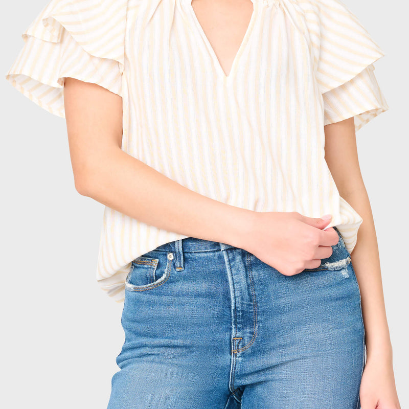 woman modeling Double Flutter On The Daily Top in Tan stripe styled for everyday