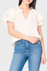 woman modeling Double Flutter On The Daily Top in Tan stripe styled for everyday