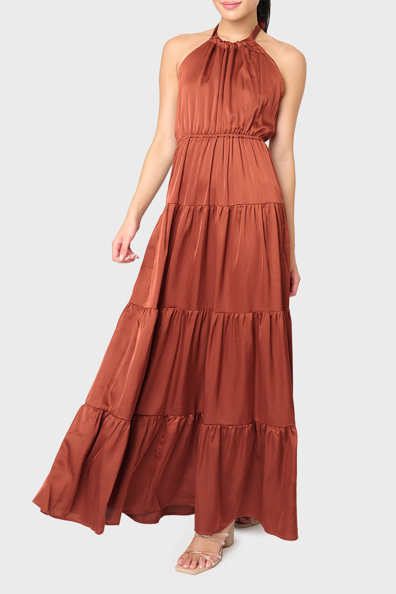 Silky Tie Back Halter Maxi Dress