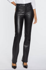 woman modeling NYDJ Faux Leather Marilyn Straight Pants in Black styled for work and nights out