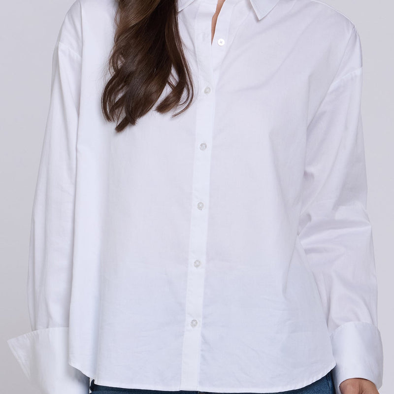 woman modeling Daphne Shirt in Optic White styled for work and weekends