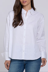 woman modeling Daphne Shirt in Optic White styled for work and weekends