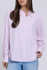 woman modeling NYDJ Daphne Shirt in Gardenia Stripe styled for work and dressed up