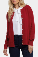 woman modeling NYDJ Cashmere Crewneck Cardigan in Red style for work and weekends