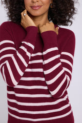 NYDJ Striped Cashmere Crewneck Sweater in Burgundy Combo