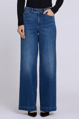 Woman modeling NYDJ Teresa Wide Leg Jeans in Blaze styled for work and everyday