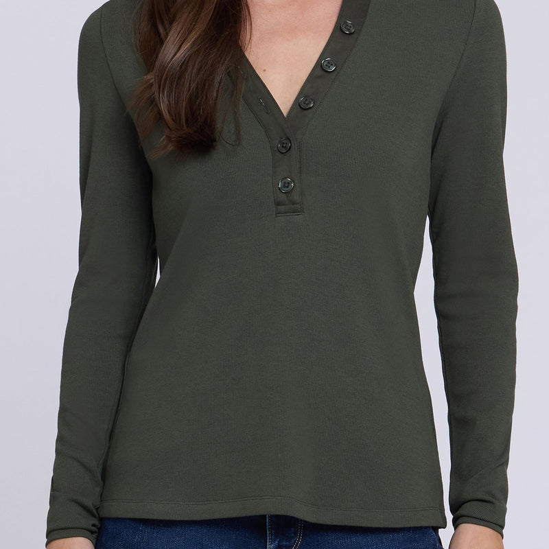 woman modeling NYDJ Emery Ribbed Henley in True Olive styled for everyday casual
