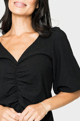 Close-up of women wearing the Balloon Sleeved V-Neck Textured Top in black
