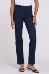 woman modeling NYDJ Marilyn Straight Jeans in Rinse styled for everyday