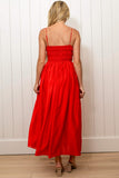Back of women wearing the Moon River Sleeveless V-Neck Shirred Midi Dress in red