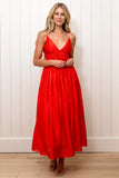 Front of women wearing the Moon River Sleeveless V-Neck Shirred Midi Dress in red
