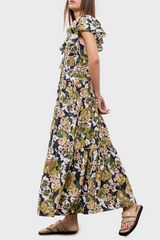 Moon River Flutter Sleeve Tiered Midi Dress