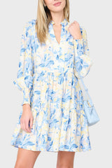 Woman modeling Long Sleeve Decked Out Day Dress in yellow blue floral style for brunch, dates, and parties